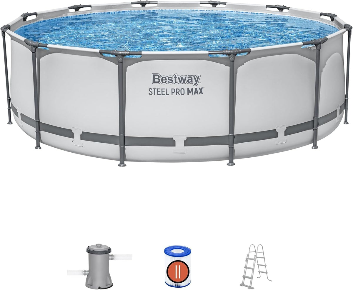 Bestway BW56418GB-21 Steel Pro Max Round Frame Swimming Pool with Filter Pump, Grey, 12 ft X 39.5