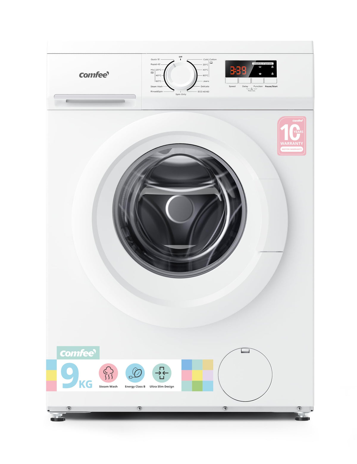 COMFEE' Freestanding Washing Machine,9KG Load,1400RPM,Steam Wash,Slim Design,Quick Wash