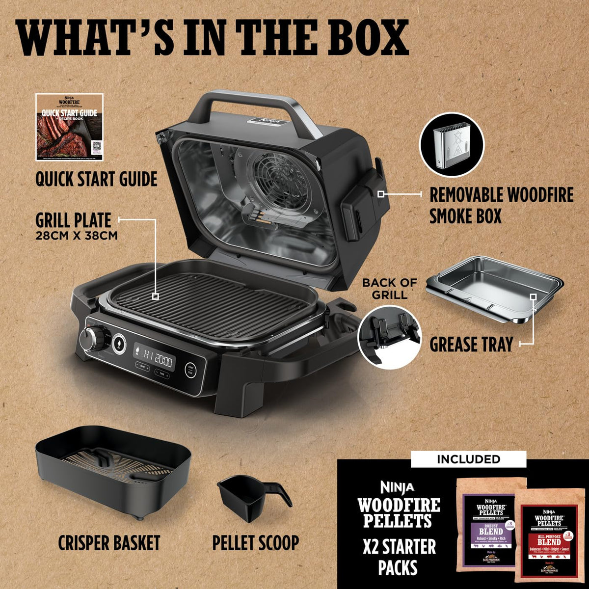 Ninja Woodfire Electric BBQ Grill & Smoker, 7-in-1 Outdoor Grill & Air Fryer, Roast, Bake, Dehydrate, Uses Woodfire Pellets