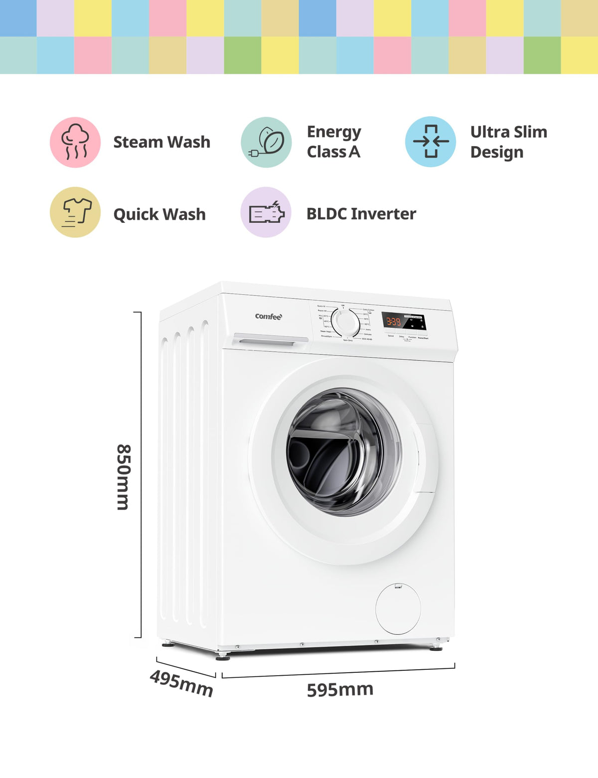 COMFEE' Freestanding Washing Machine,9KG Load,1400RPM,Steam Wash,Slim Design,Quick Wash