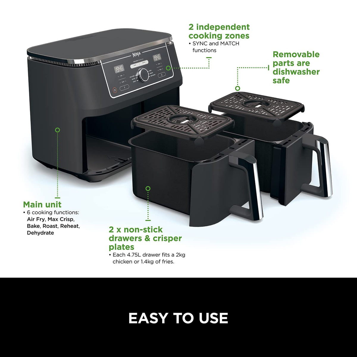 Ninja Foodi MAX Dual Zone Digital Air Fryer, 2 Drawers, 9.5L, 6-in-1, Uses No Oil, Max Crisp, Roast, Bake, Reheat, Dehydrate