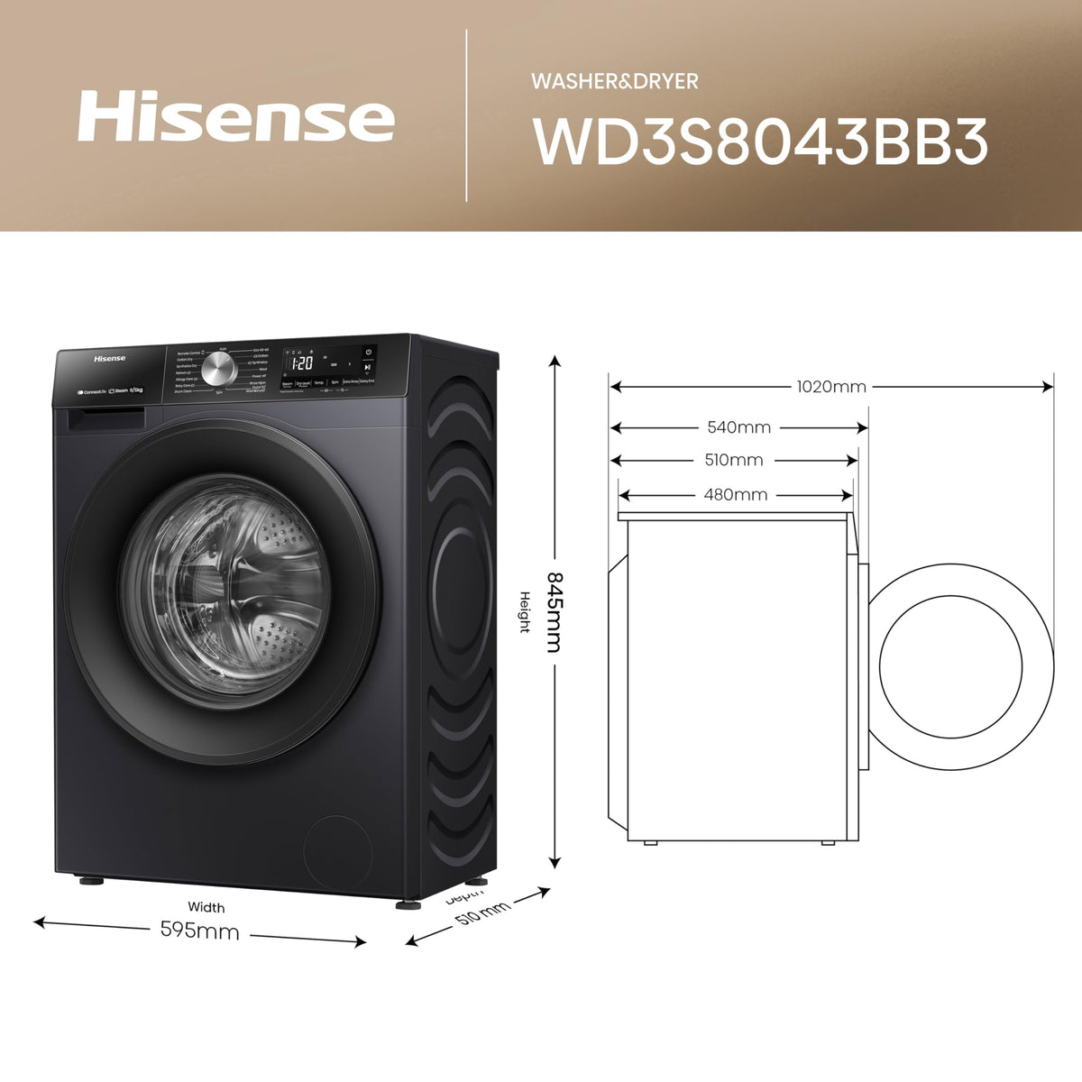 Hisense 3S Series WD3S8043BB3 Wifi Connected 8Kg and 5Kg Washer Dryer with 1400 rpm - Black - A-D Rated