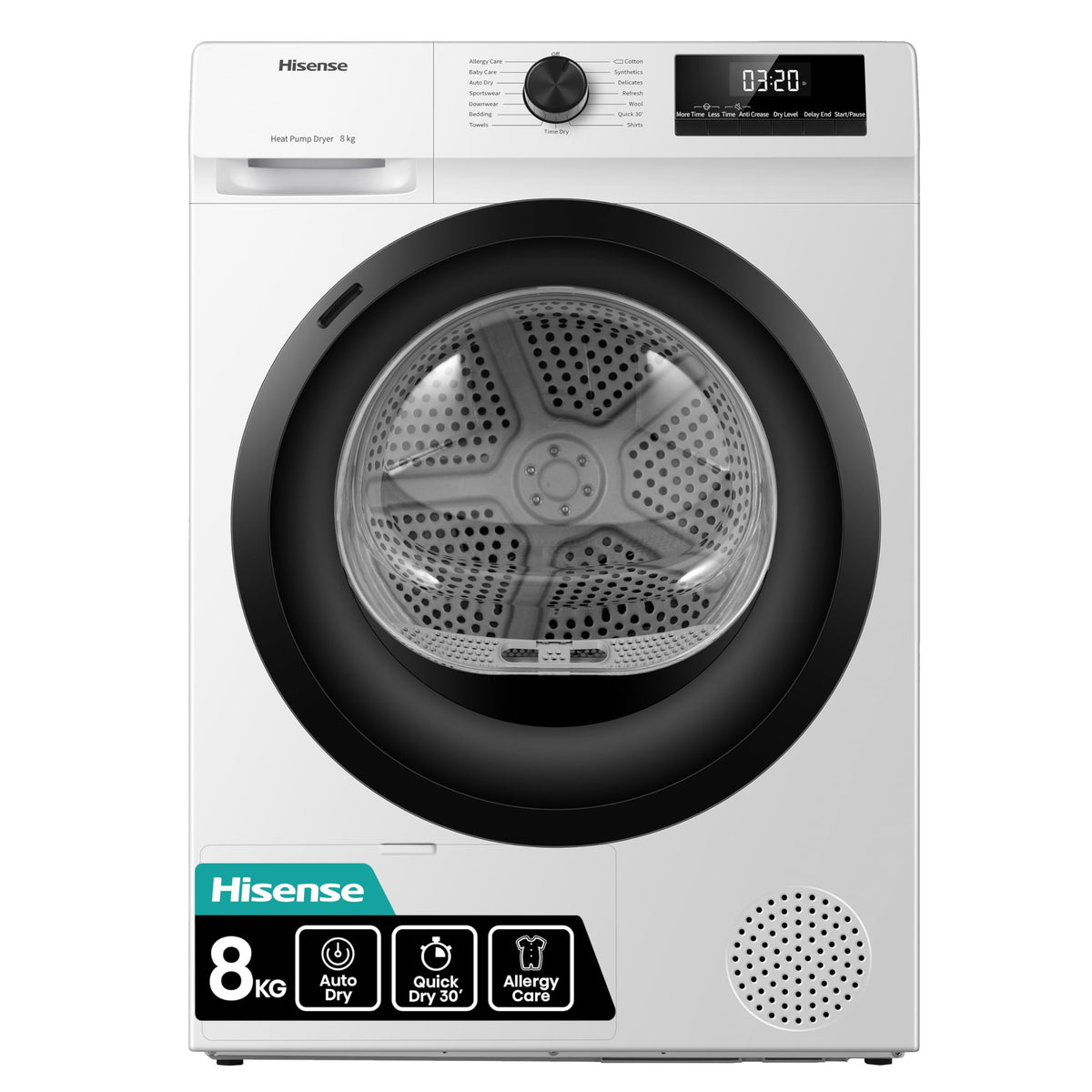 Hisense DH1Q802BW2 60cm Freestanding 8 KG Heatpump Front Load Tumble Dryer, 16 Programmes, Auto Dry