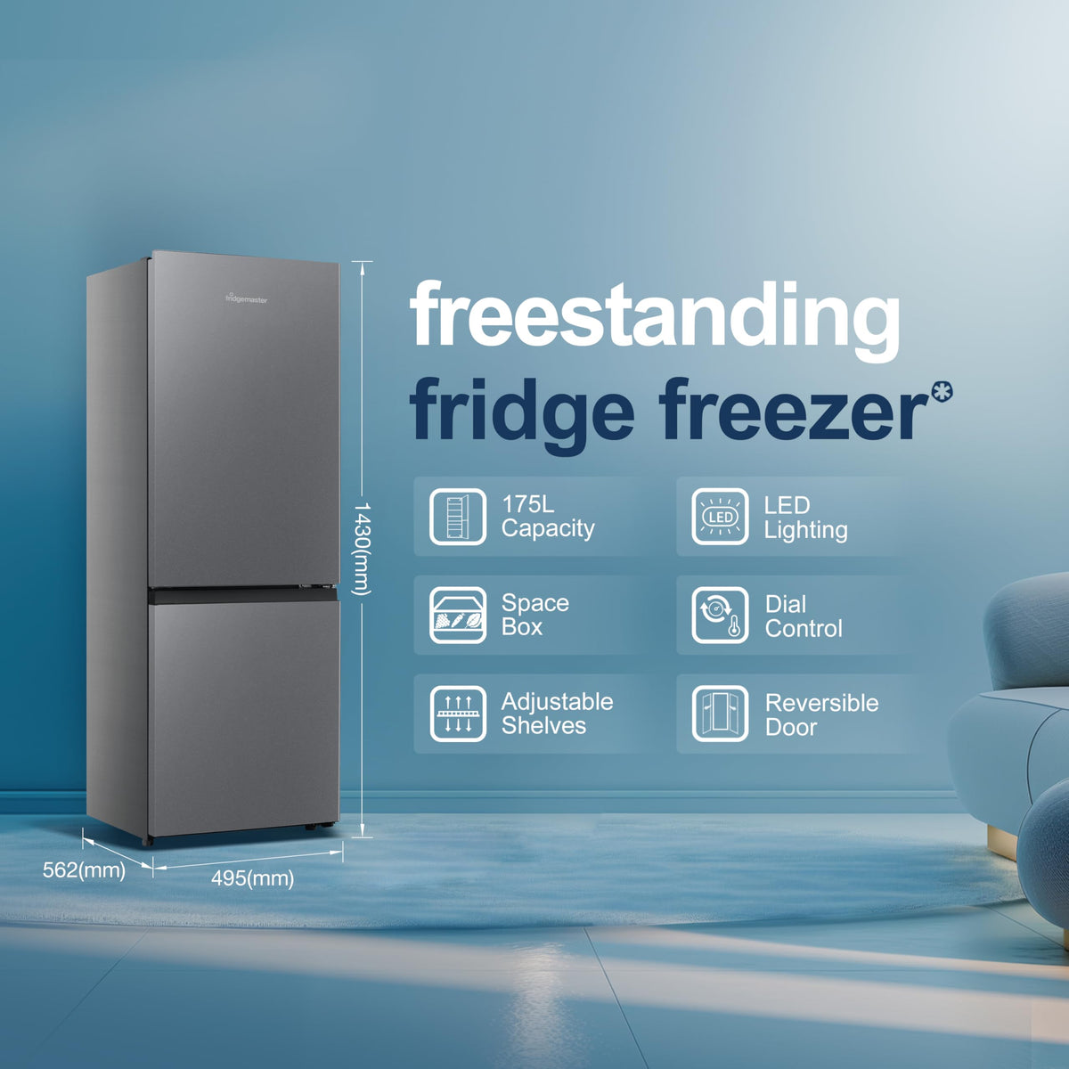 Fridgemaster MC50165EB 50cm Freestanding 60/40 Fridge Freezer - 175-litre capacity with Crisper box - Reversible Door