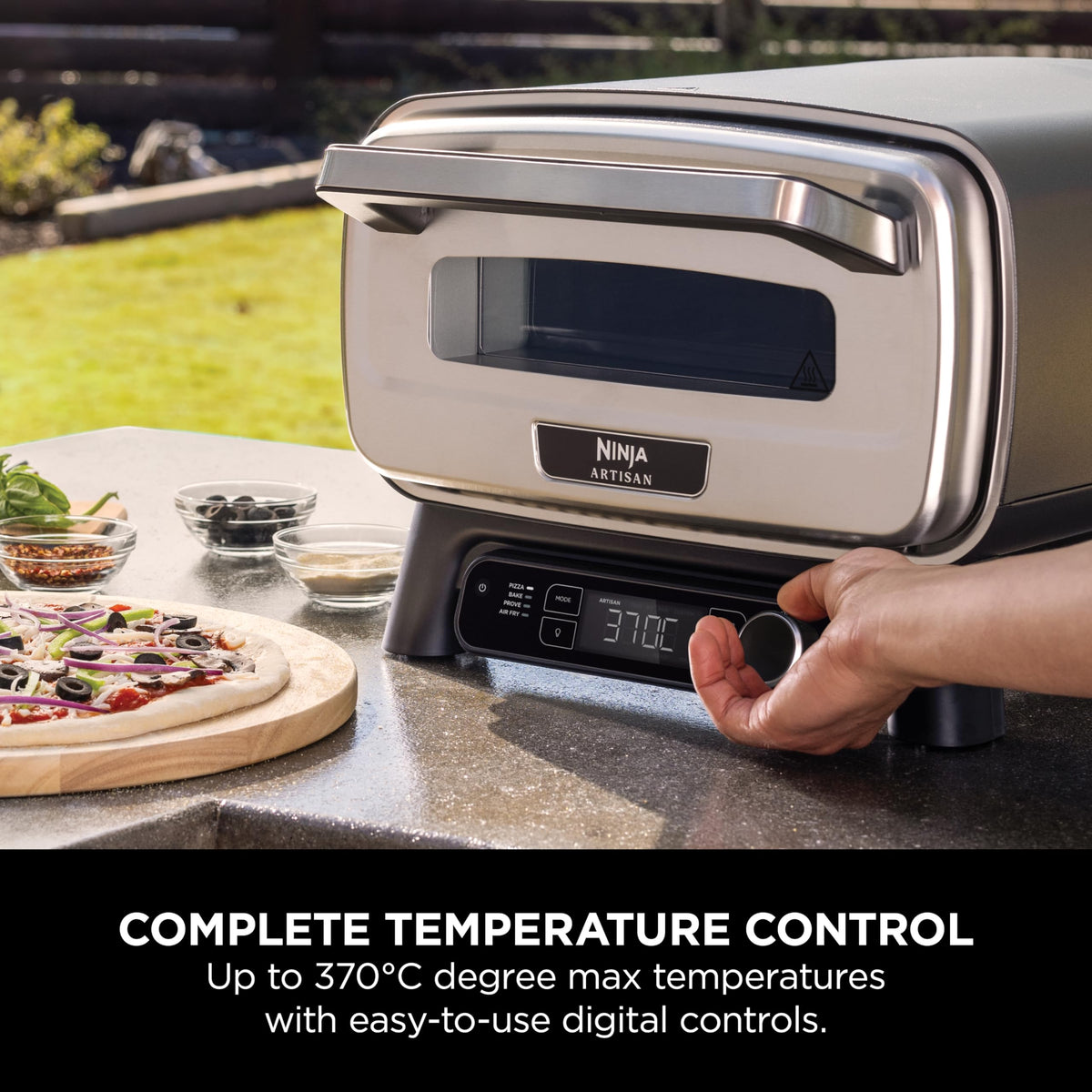 Ninja Artisan Electric Outdoor Pizza Oven & Air Fryer, 4 Functions: Pizza, Air Fry, Bake & Prove, 5 Pizza Settings, Includes 12-inch Pizza Stone